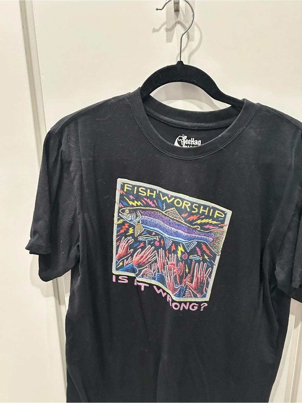 Ella Black Tee with Multicolor 'Fish Worship' Graphic